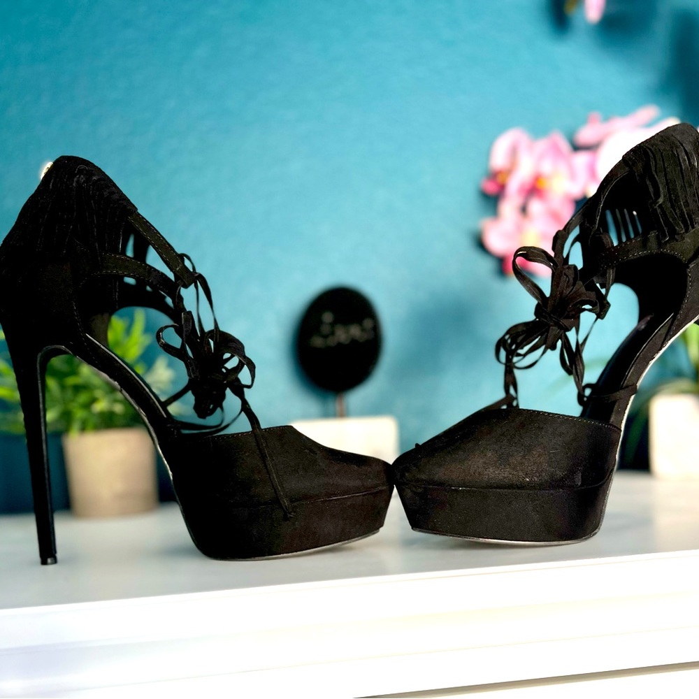 Faux suede black ankle wrap pump